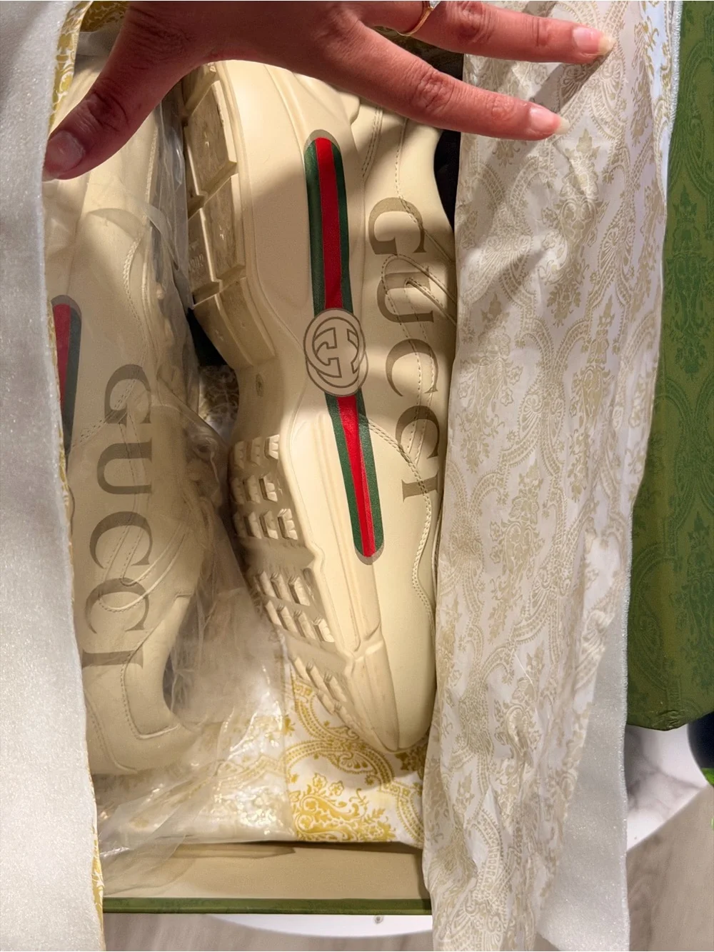Gucci Cream Leather Sneaker with Green and Red Web Stripe